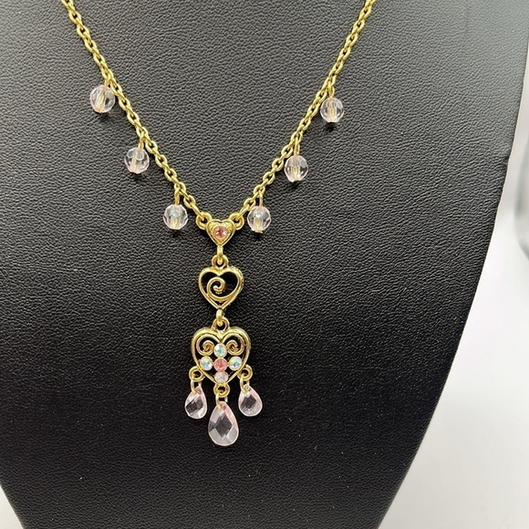1928 Chandelier Necklace | Light PinkBeads  | Gold Tone | AB Rhinestones. Hearts - Picture 1 of 12